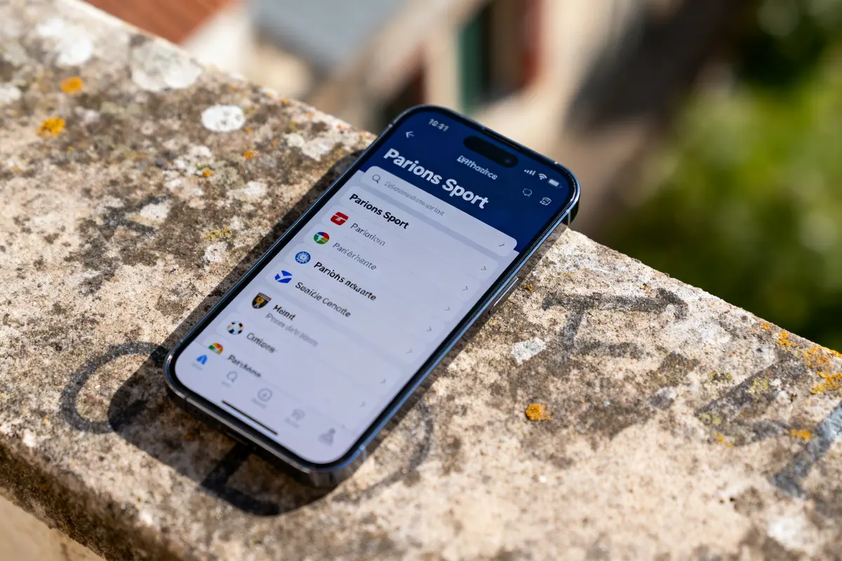 Smartphone affichant l'application "Parions Sport" posé sur une surface en pierre marquée de taches et inscriptions.