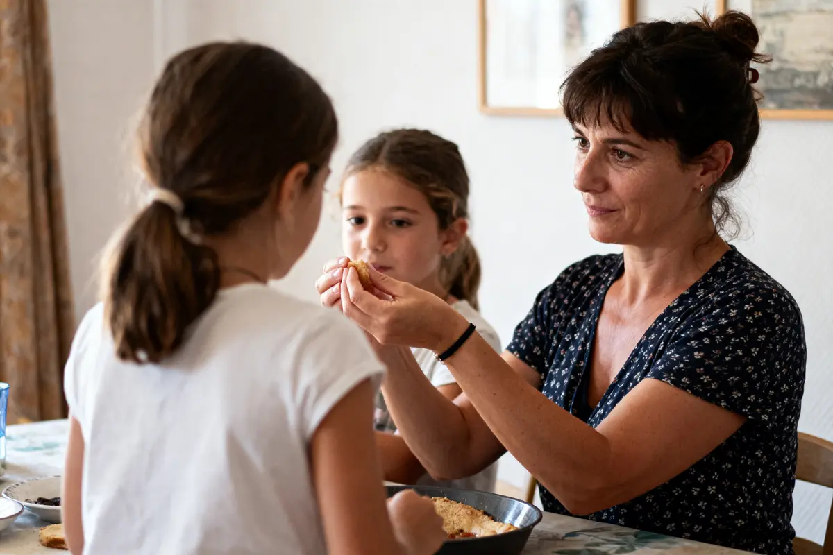 Une femme et deux enfants discutent et partagent de la nourriture autour d'une table à l'intérieur.