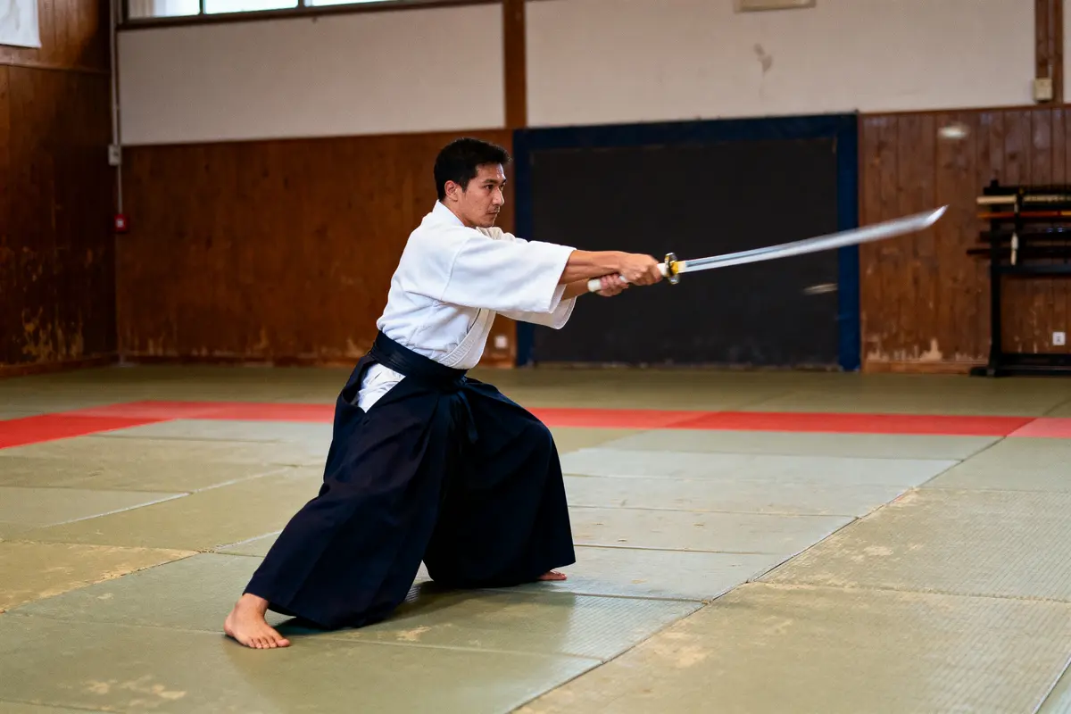 Homme en tenue traditionnelle pratiquant l'aïkido avec un katana dans un dojo en bois.