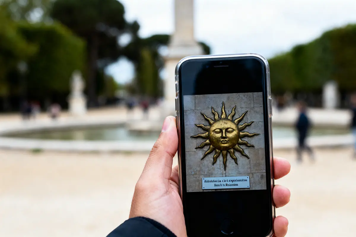 Main tenant un smartphone affichant un soleil doré avec visage humain devant une fontaine, dans un parc.