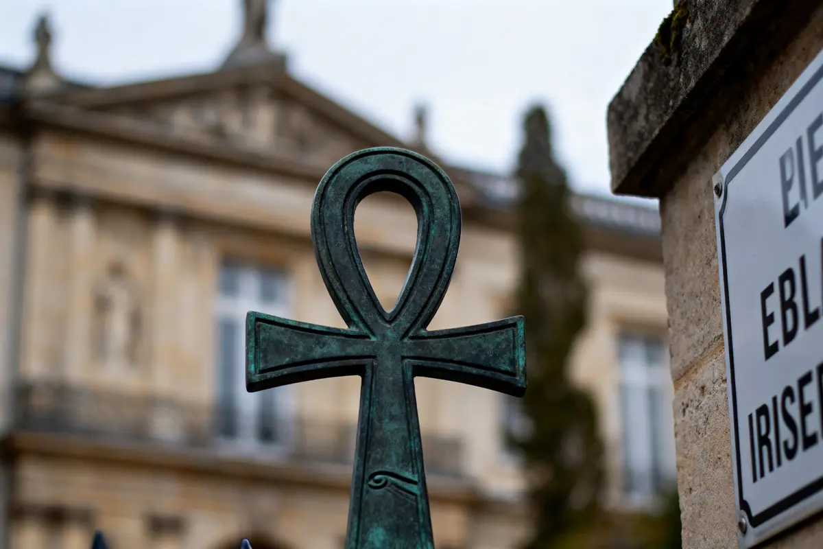 Symbole Ankh en métal devant un bâtiment ancien, partiellement flou, avec plaque de rue visible à droite.