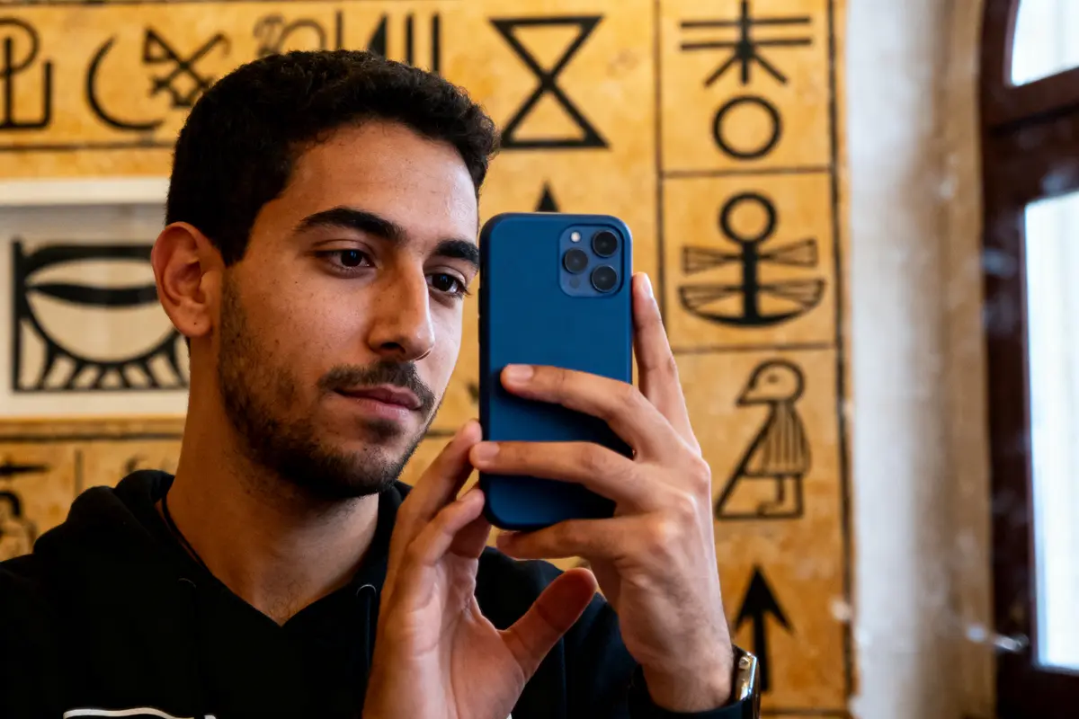 Un homme prend un selfie avec un smartphone bleu, fond de hiéroglyphes égyptiens.