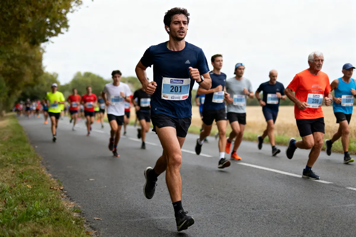Groupe de coureurs participant à un marathon sur route, entourés de nature, avec des dossards visibles.