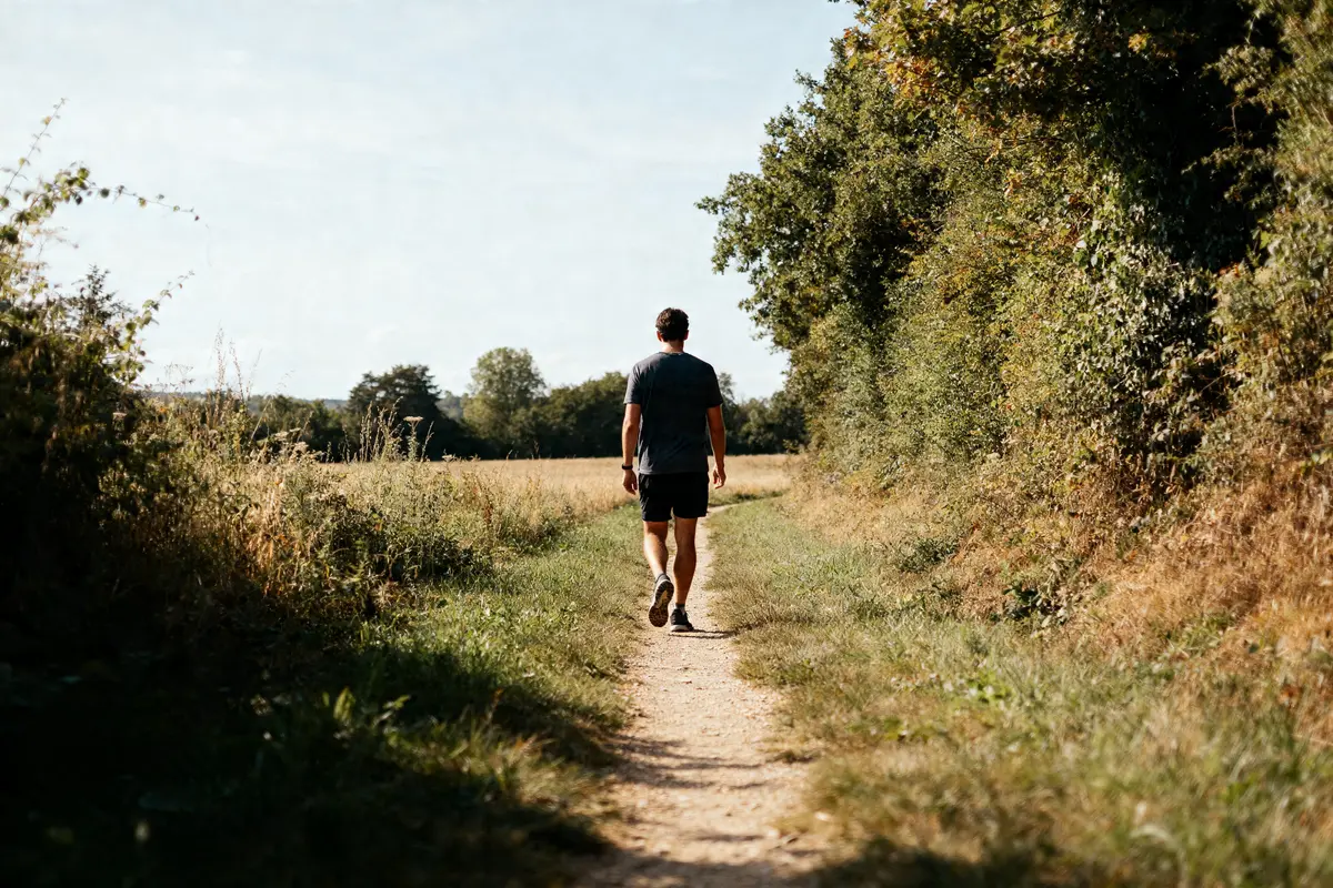 Homme marchant sur sentier forestier pour convertir 17000 pas en km équivalent distance quotidienne