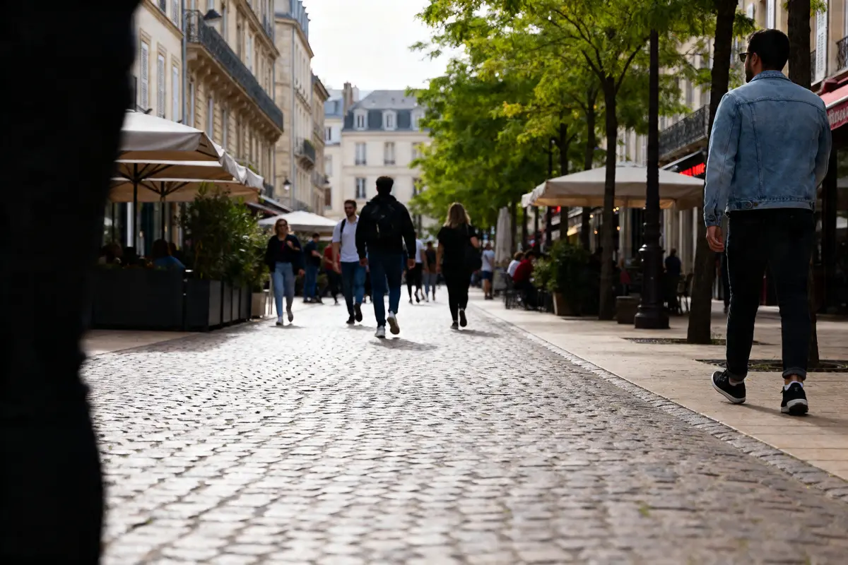 Scène urbaine animée, piétons marchant sur pavé, équivalent à 30000 pas en km