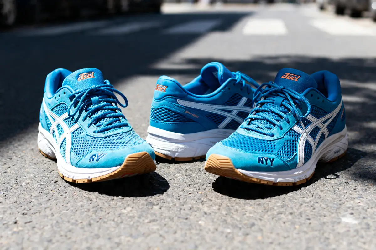 Paire de chaussures de course Asics Gel NYC bleu ciel posée sur la route ensoleillée
