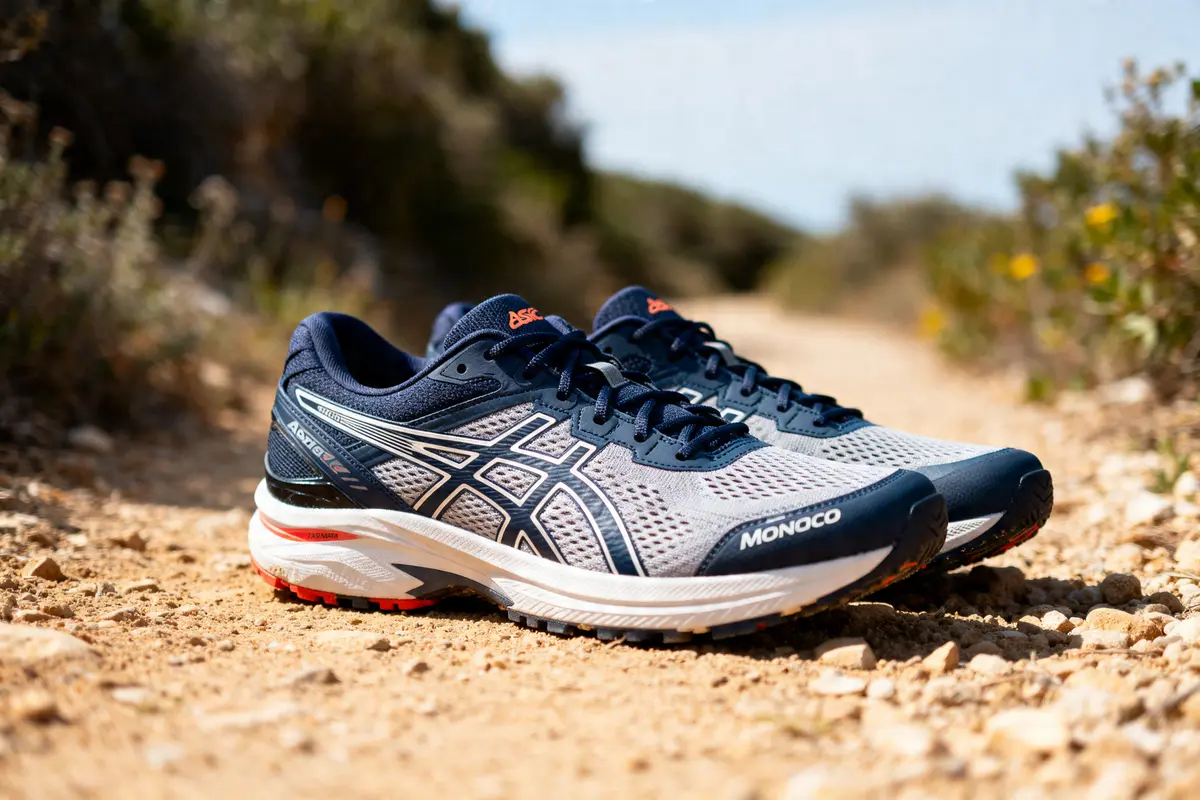 Chaussures de course Asics Monaco sur chemin rocailleux, profil moderne et résistant