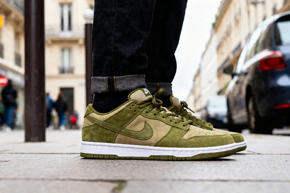 Jeans noirs et Dunk vert kaki sur trottoir urbain avec voitures en arrière-plan