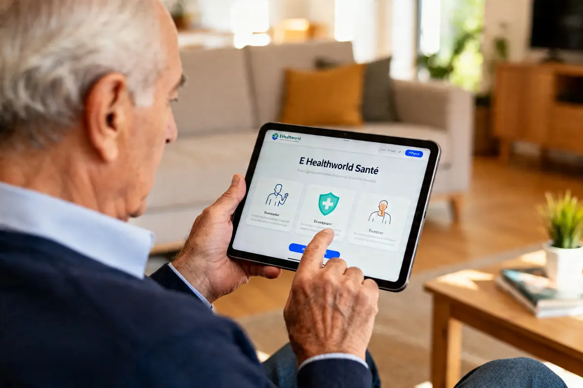 Personne âgée utilisant une tablette pour accéder à E Healthworld Santé à la maison