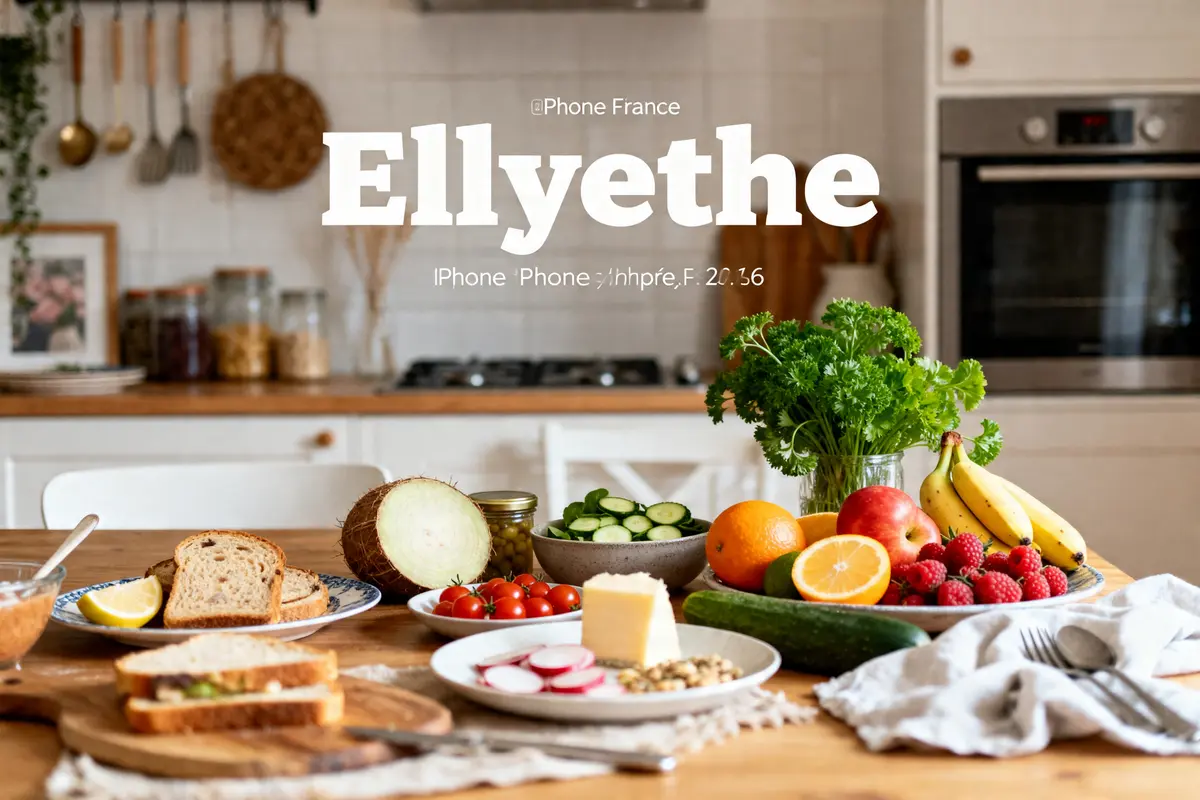 Assiette de fruits et légumes Ellybeth sur table de cuisine blanche avec ustensiles en arrière-plan