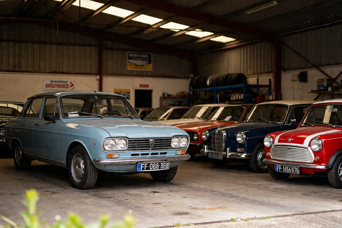 Voitures classiques alignées dans un atelier présenté par Garage magazine pour les passionnés.