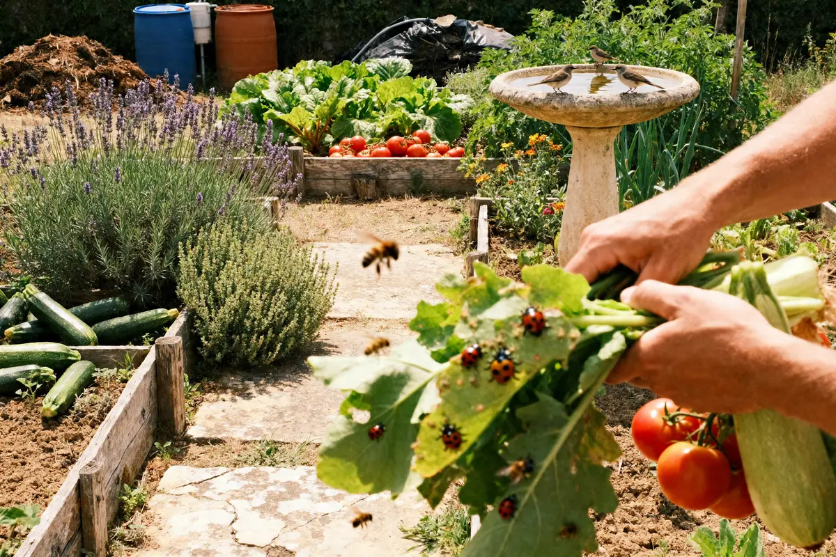 Récolte de courgettes et tomates dans un potager bio animé de Jardipedia
