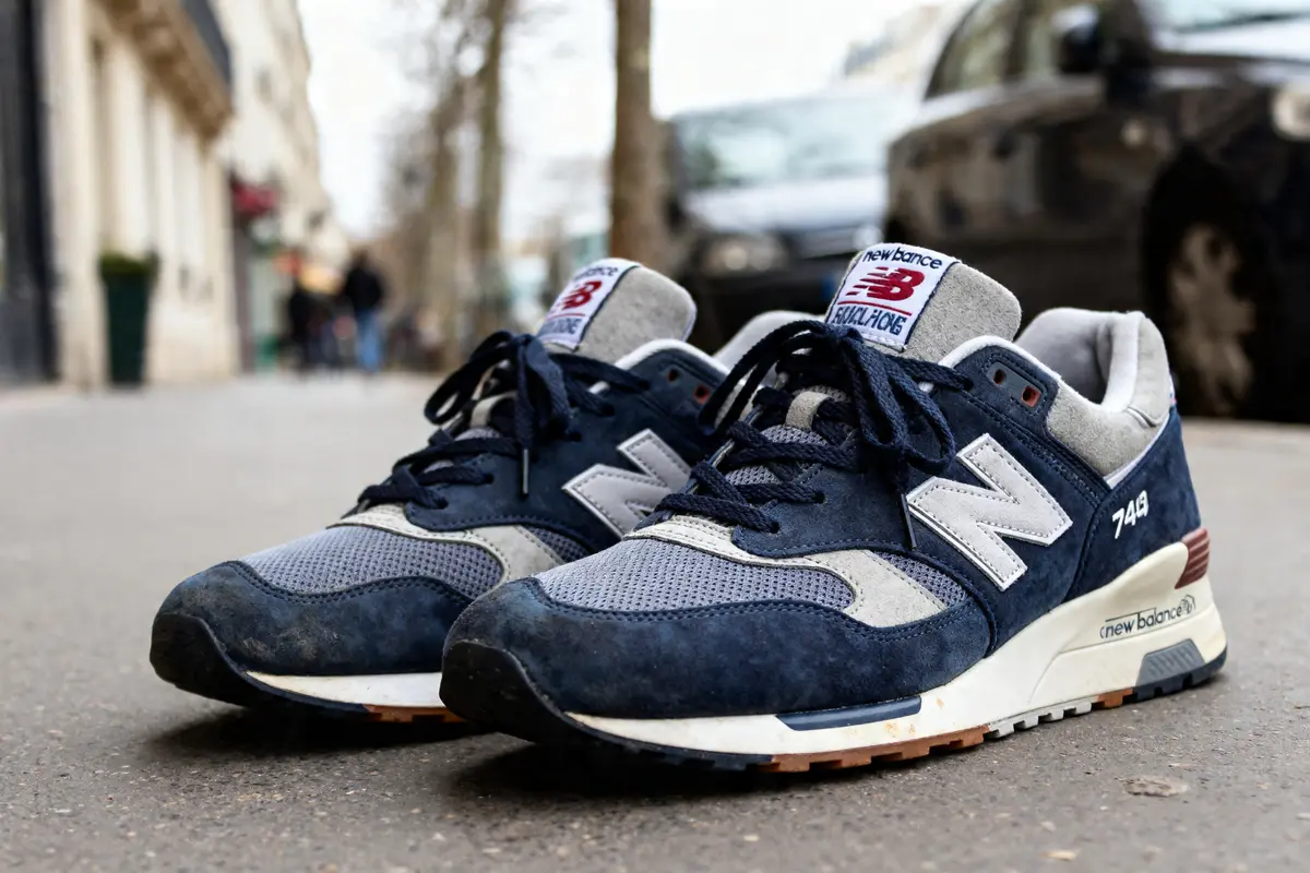 Chaussures New Balance 740 bleu et gris posées sur le trottoir urbain.