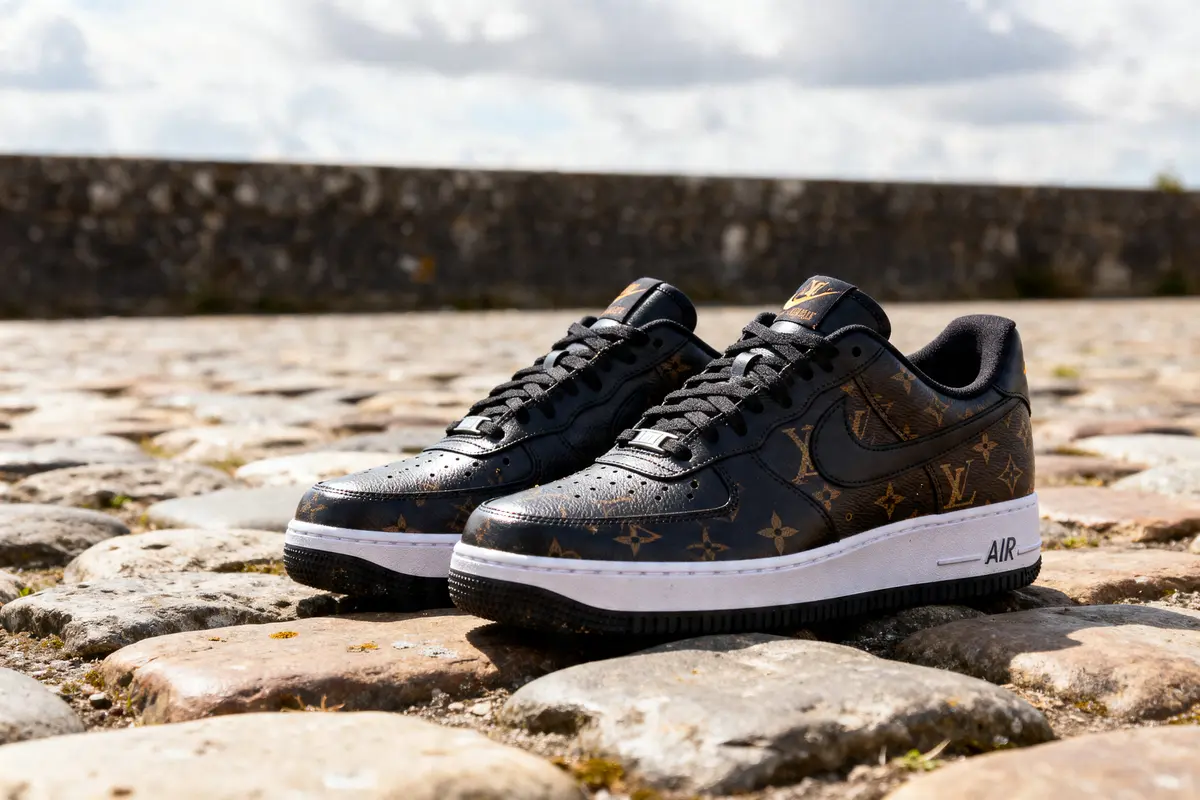 Chaussures Nike LV sur pavé en extérieur par temps nuageux lumineux à l'arrière-plan