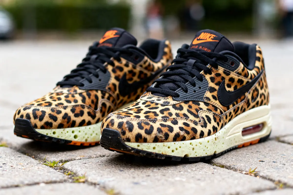 Chaussures Nike léopard motifs animaliers sur pavés urbains couleurs vives et effet saisissant