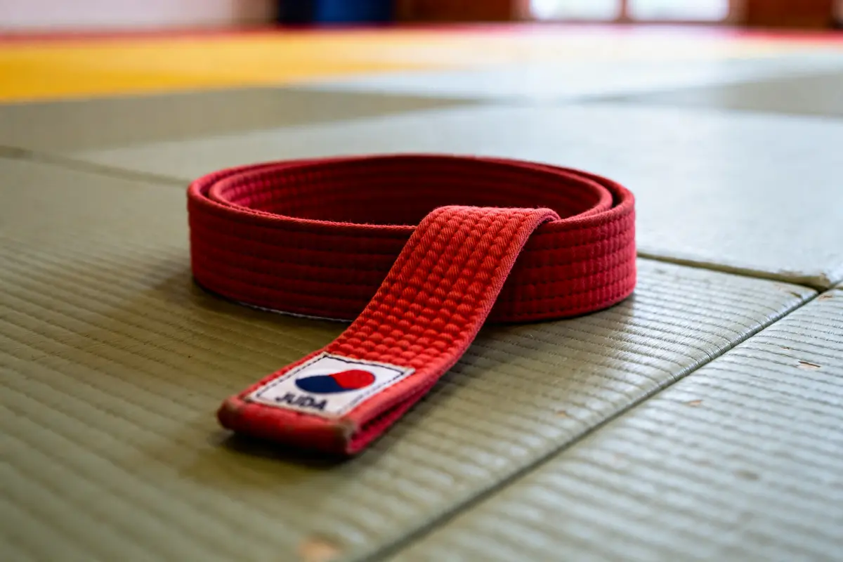 Ceinture rouge de judo posée sur un tatami dans un dojo japonais