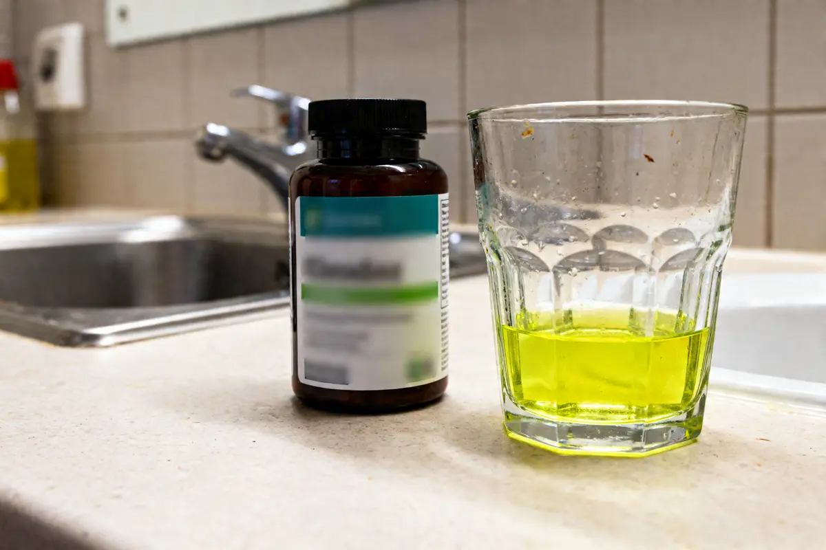 Verre rempli d'urine jaune fluo à côté d'un flacon, danger de l'urine jaune fluo