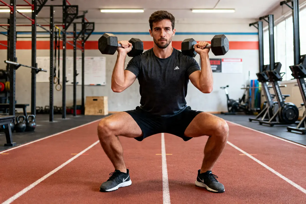 Un homme effectue un dumbbell snatch en position accroupie sur une piste intérieure