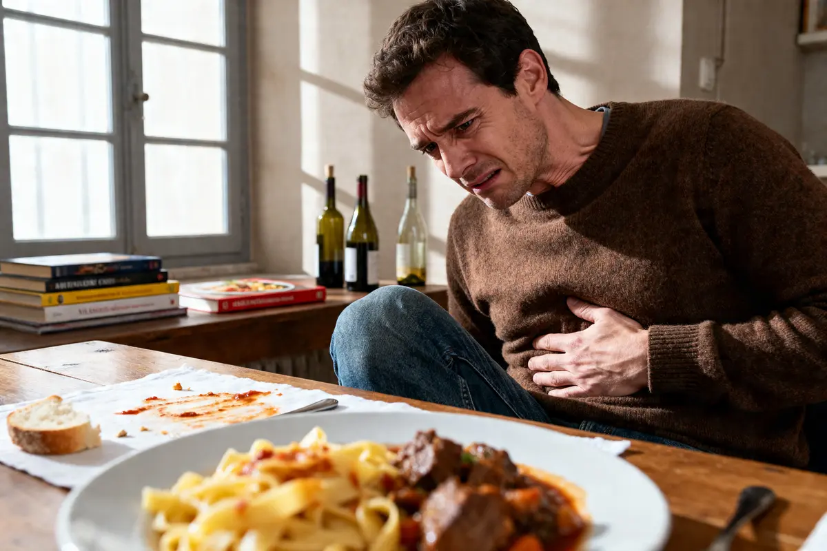 Homme souffrant d'extrasystoles dues à l'estomac après un repas copieux avec pâtes.