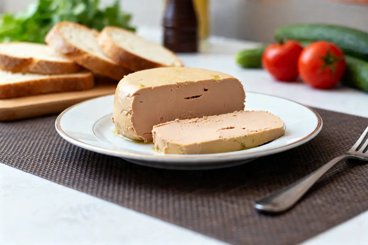Assiette de foie gras enceinte avec pain, tomates et concombres en arrière-plan