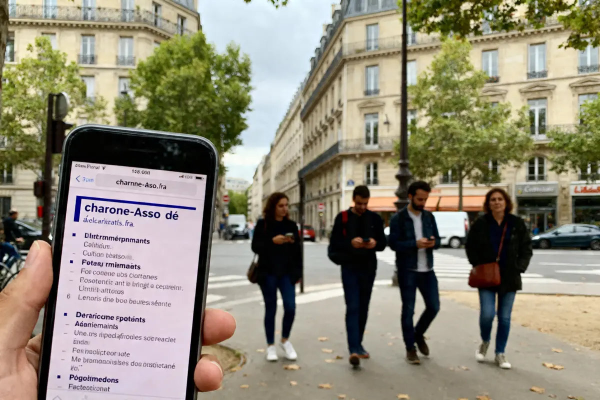 Personne lisant la liste médicaments de charonne-asso.fr sur un smartphone en ville