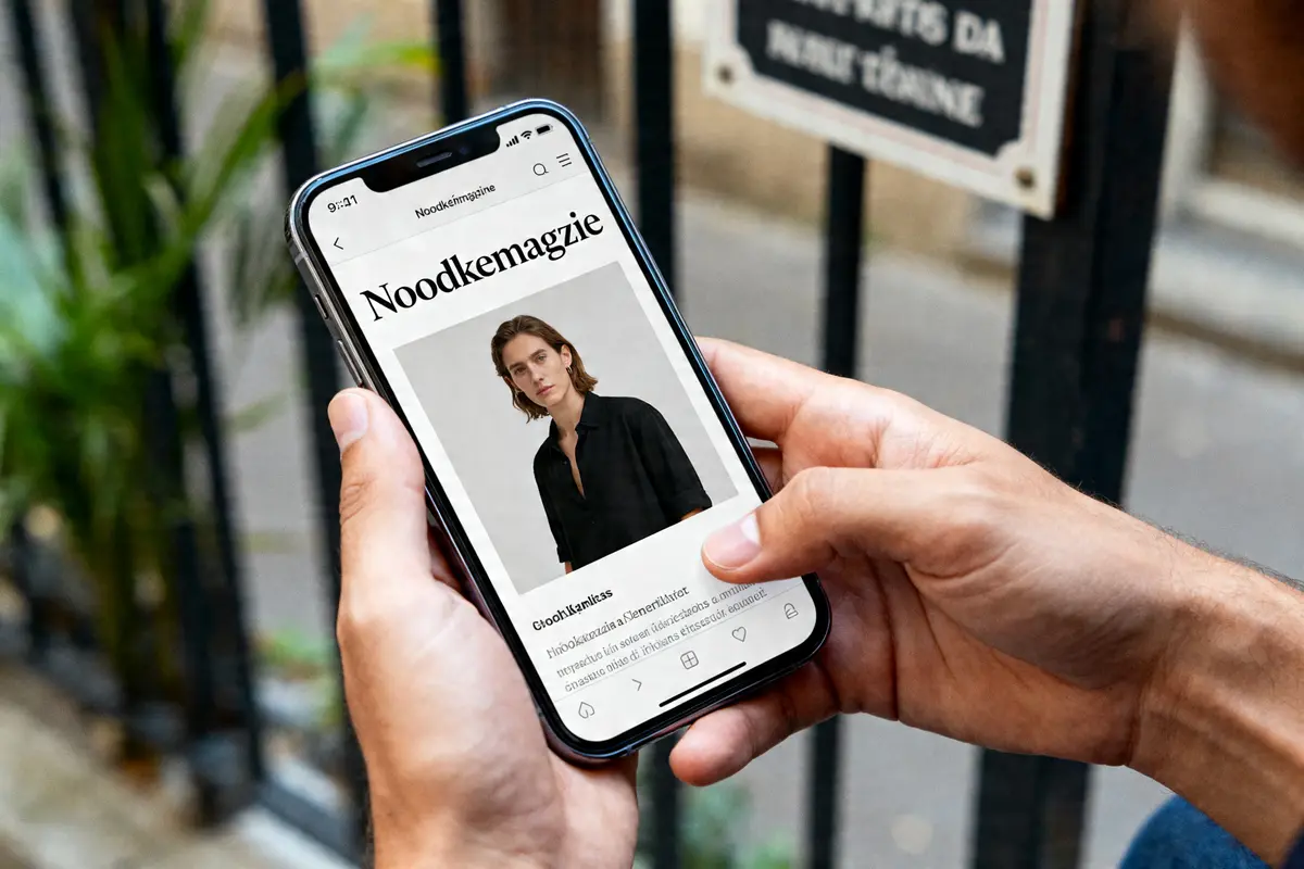 Personne consultant Noodkemagazine en ligne sur un smartphone avec un article de mode affiché