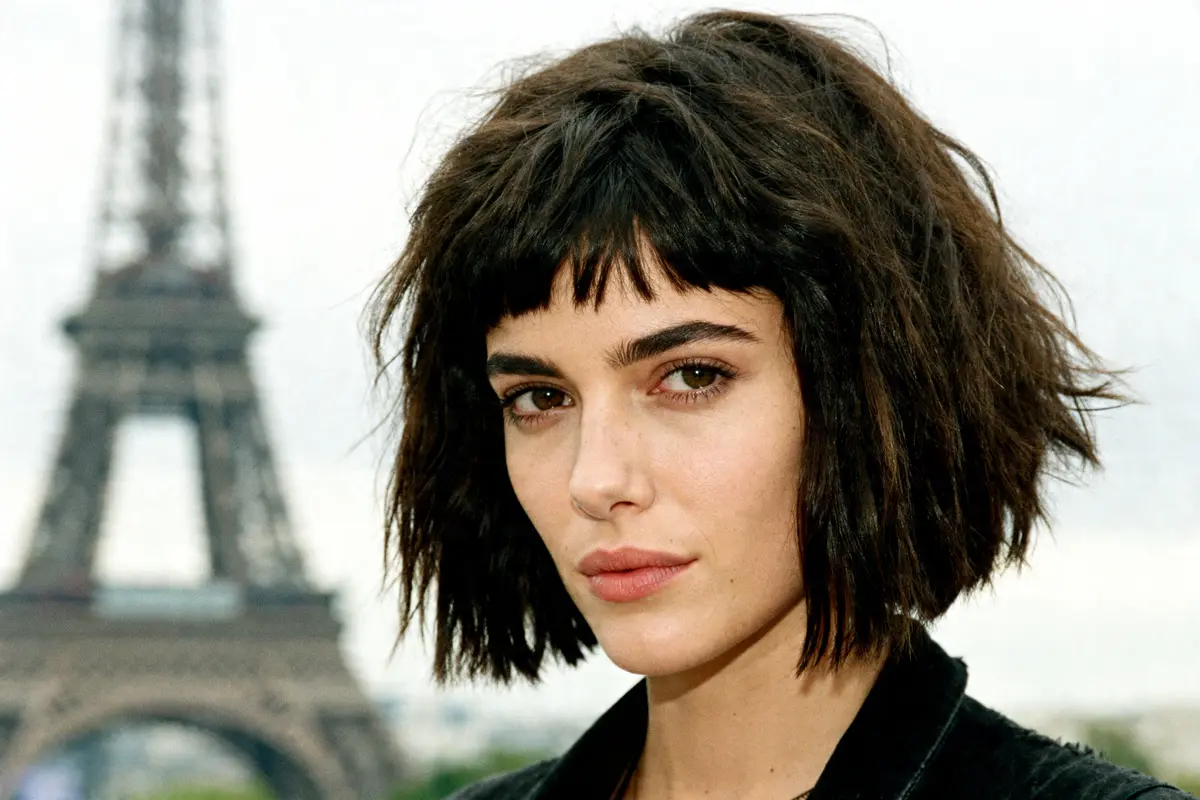Femme avec un wolfcut devant la Tour Eiffel à Paris