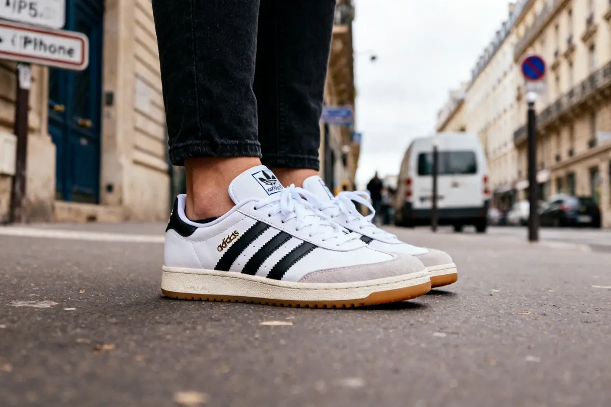 Chaussures Adidas Spezial blanches portées sur un trottoir urbain élégant