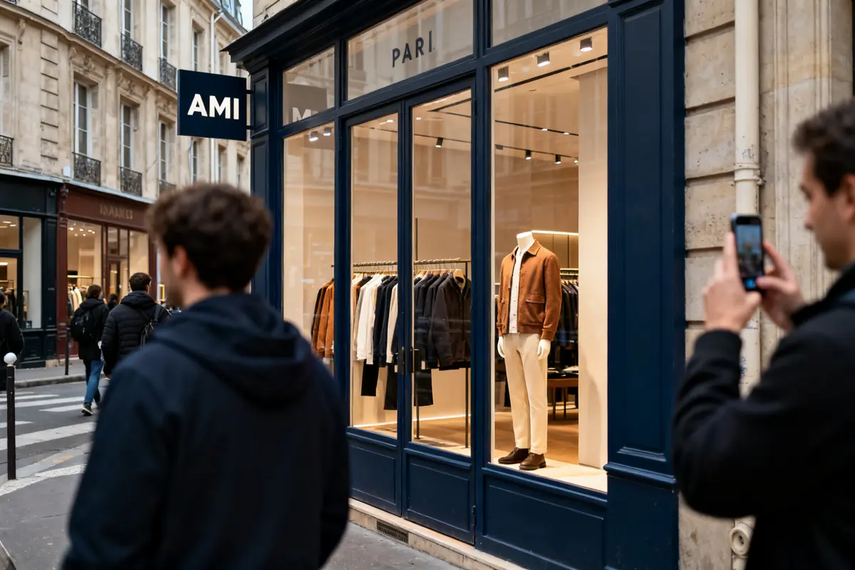Vitrine de mode masculine élégante chez Ami Paris avec passants dans la rue animée
