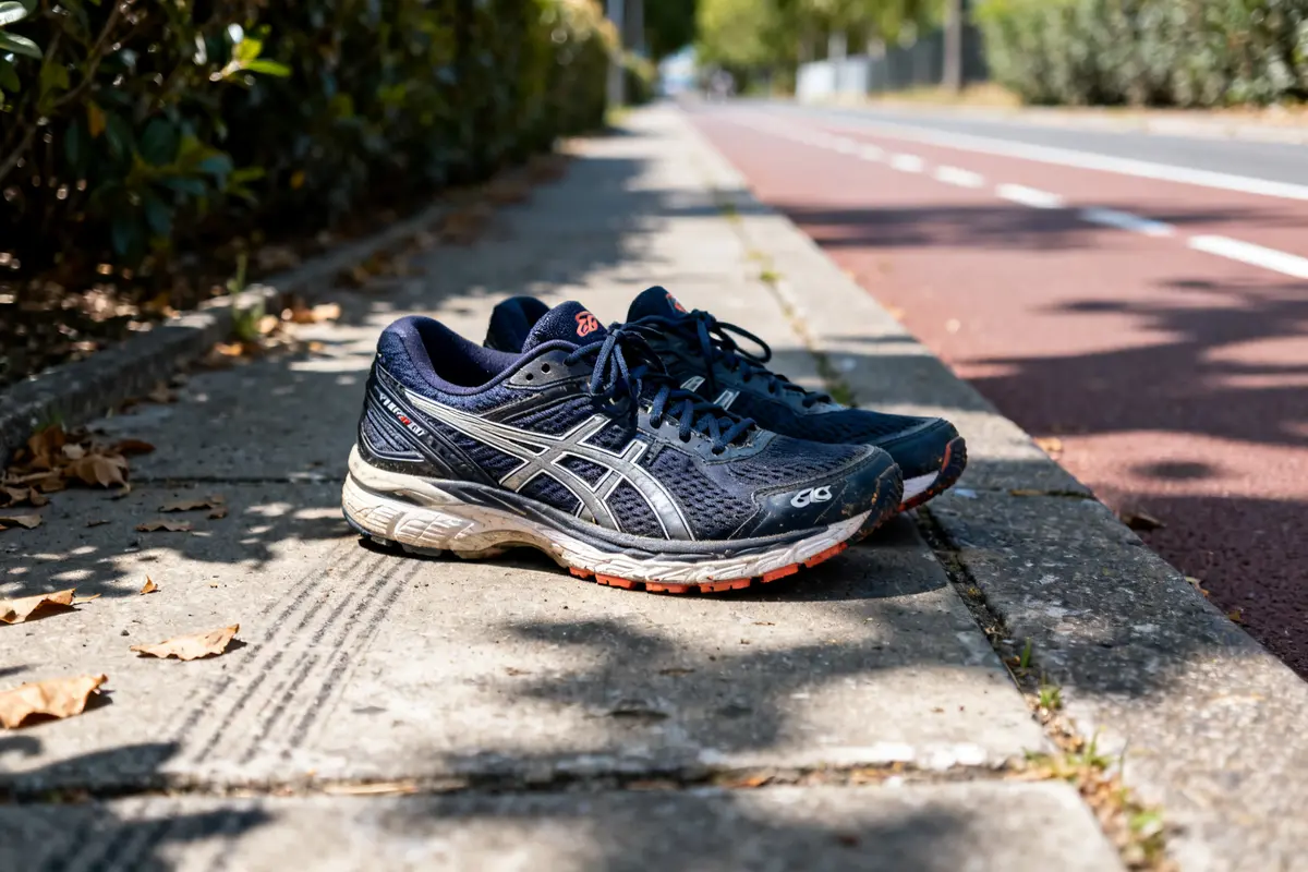 Chaussures Asics Kayano posées sur le trottoir ensoleillé près d'une piste cyclable