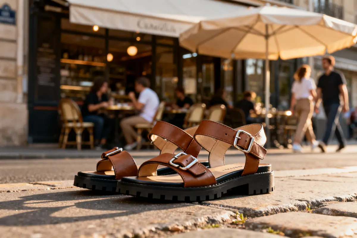 Sandales Birkenstock marron sur le trottoir devant un café animé en arrière-plan