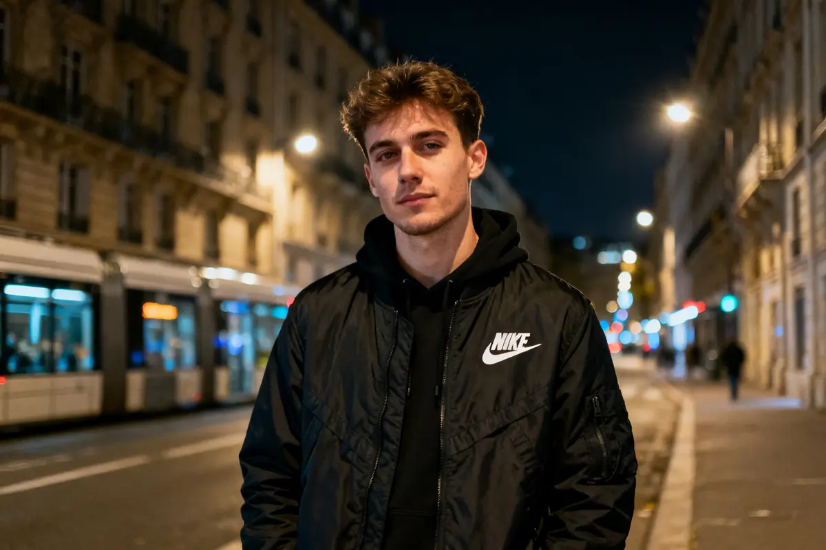 Un homme en veste Nike Nocta noir, debout sur un trottoir, la nuit