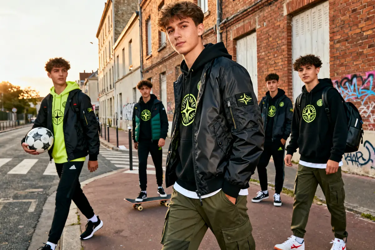 Jeunes portant des vestes noires Stone Island marchant dans une rue urbaine ensoleillée