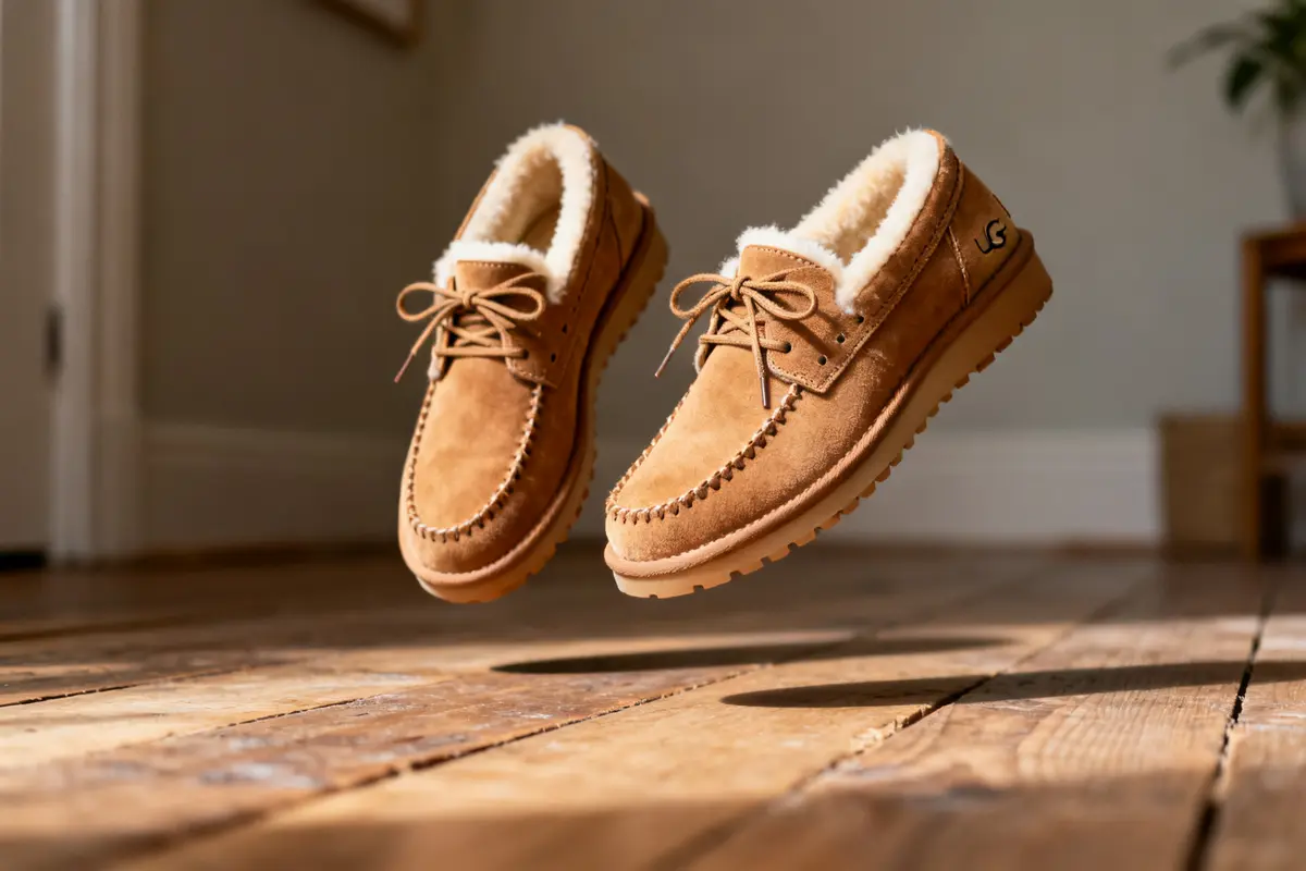 Chaussures Ugg Lowmel marron flottant au-dessus d'un plancher en bois clair