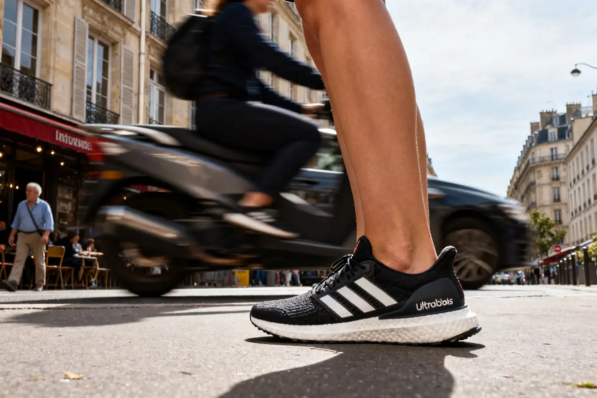 Jambes en sneakers femme noires dans une rue animée avec moto en arrière-plan
