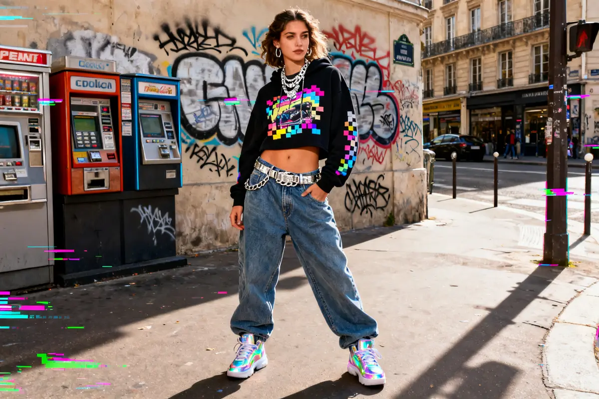 Femme en tenue y2k devant des distributeurs automatiques et un mur avec graffitis
