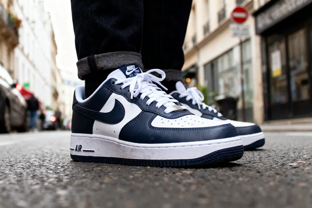Un pied chaussé de baskets Nike Air Force 1, rue urbaine.