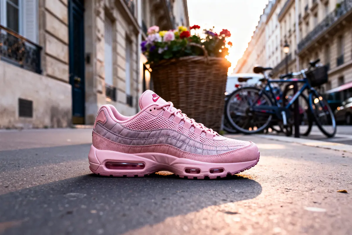 Basket rose sur trottoir parisien, panier de fleurs et vélos en arrière-plan, coucher de soleil.