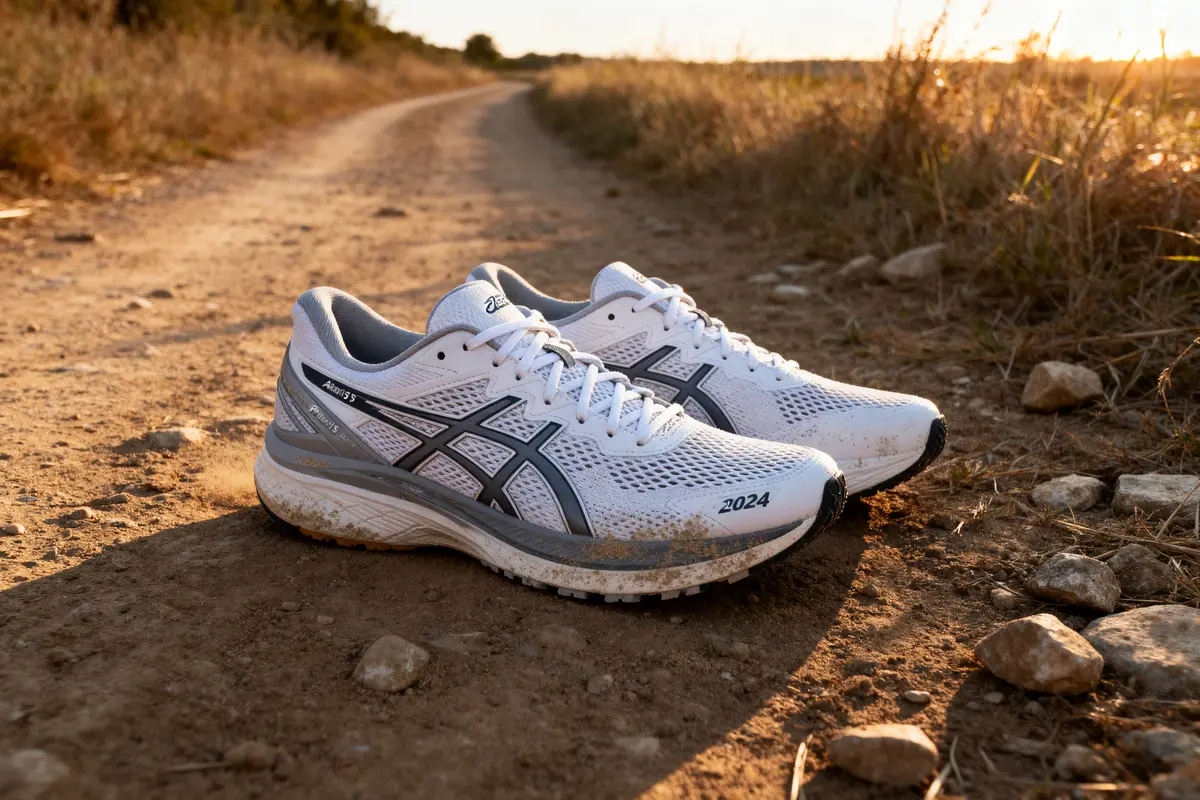 Paire de chaussures de course blanches, sur chemin de terre, éclairée par le soleil couchant.