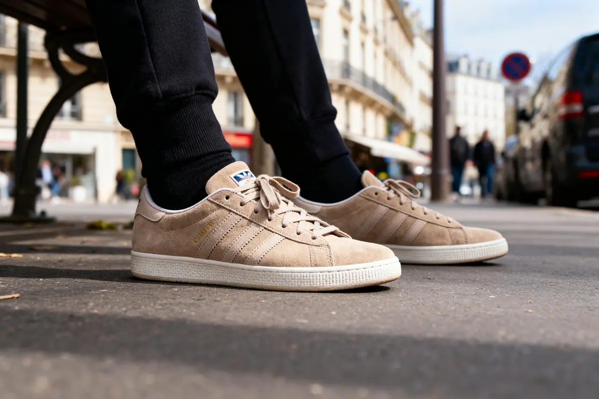 Baskets beiges Adidas en daim, portées en ville, avec un fond urbain flou et personnes en arrière-plan.