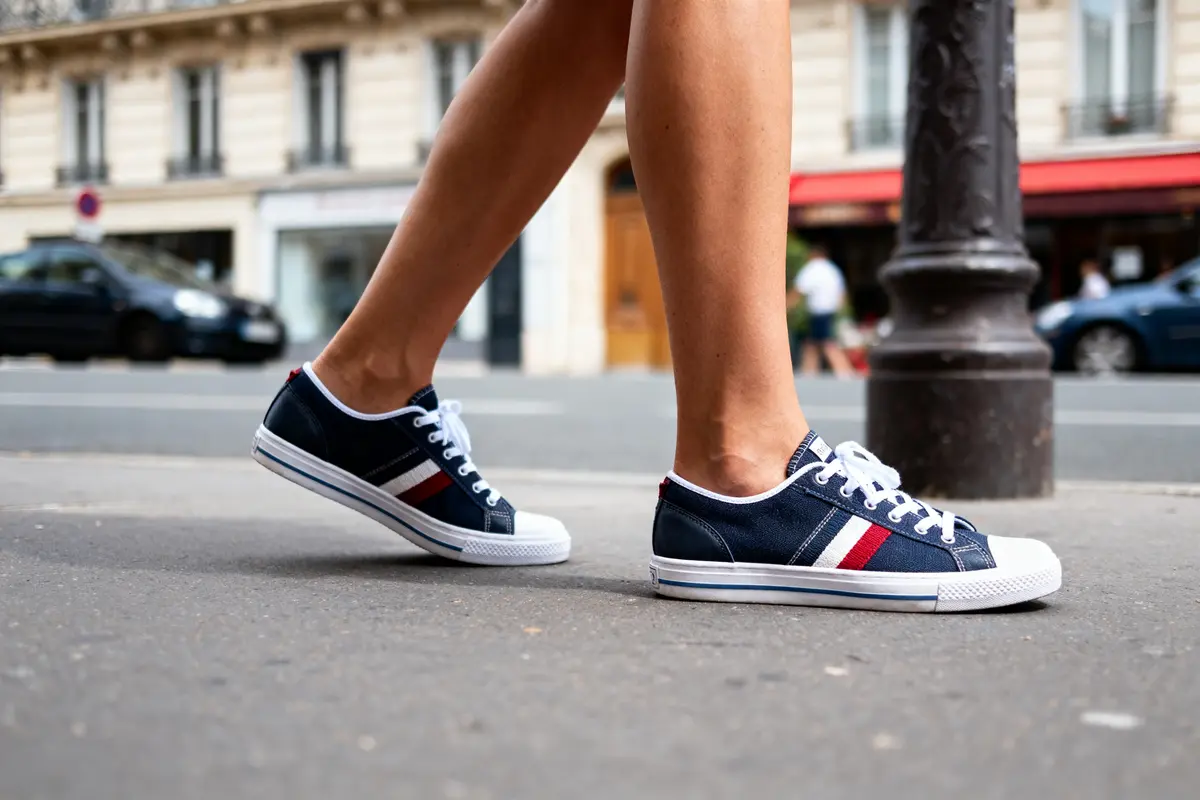 Personne marchant sur le trottoir, baskets bleu marine, détails rouges et blancs, quartier urbain en arrière-plan.