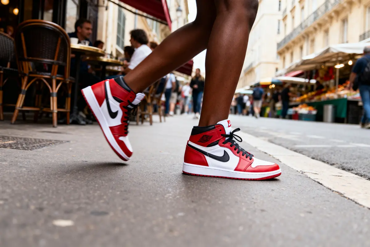 Personne marchant en baskets rouges et blanches dans une rue animée avec terrasses de café.