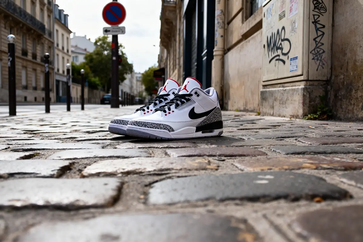 Chaussures de sport blanches sur rue pavée avec bâtiments et panneaux en arrière-plan urbain.