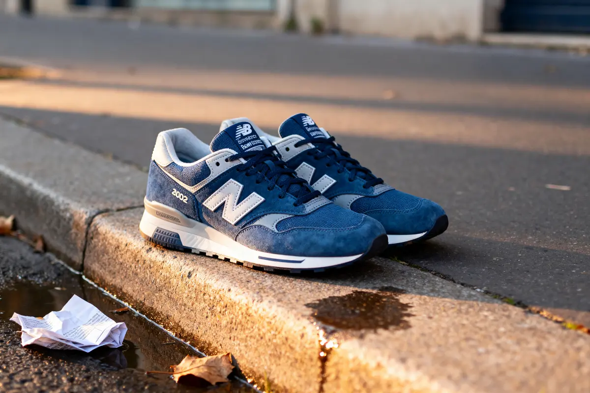 Chaussures de sport bleues sur trottoir humide, papier froissé à côté, lumière du soir.