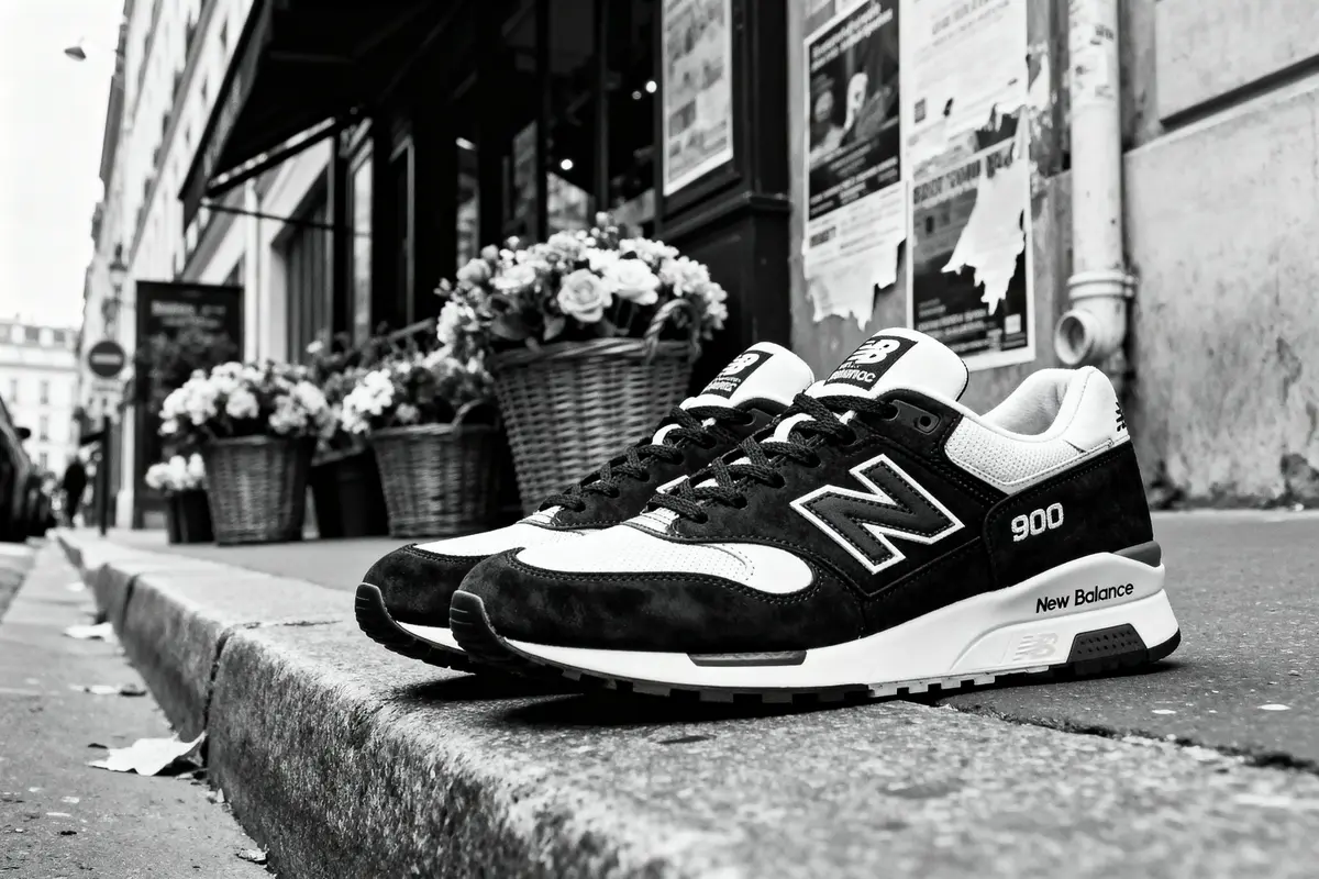 Chaussures New Balance 900 noires et blanches posées sur un trottoir, devant boutique et fleurs en paniers.