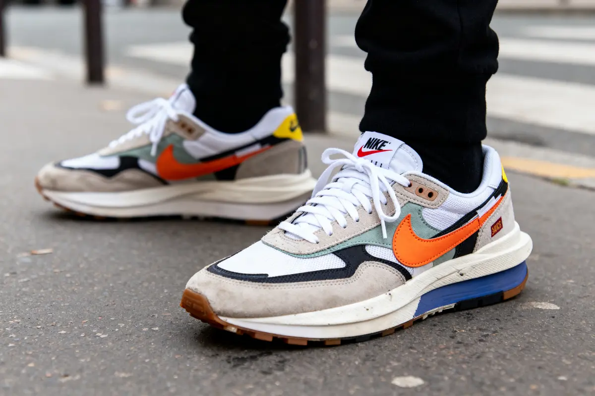 Baskets colorées Nike, détails orange, blanc et gris, portées sur le trottoir, avec des pantalons noirs.