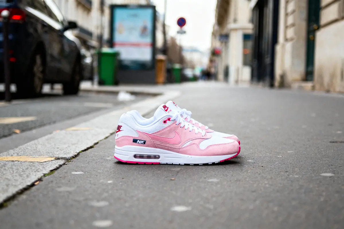 Chaussure de sport rose et blanche sur trottoir urbain, voiture et bâtiments en arrière-plan flou.