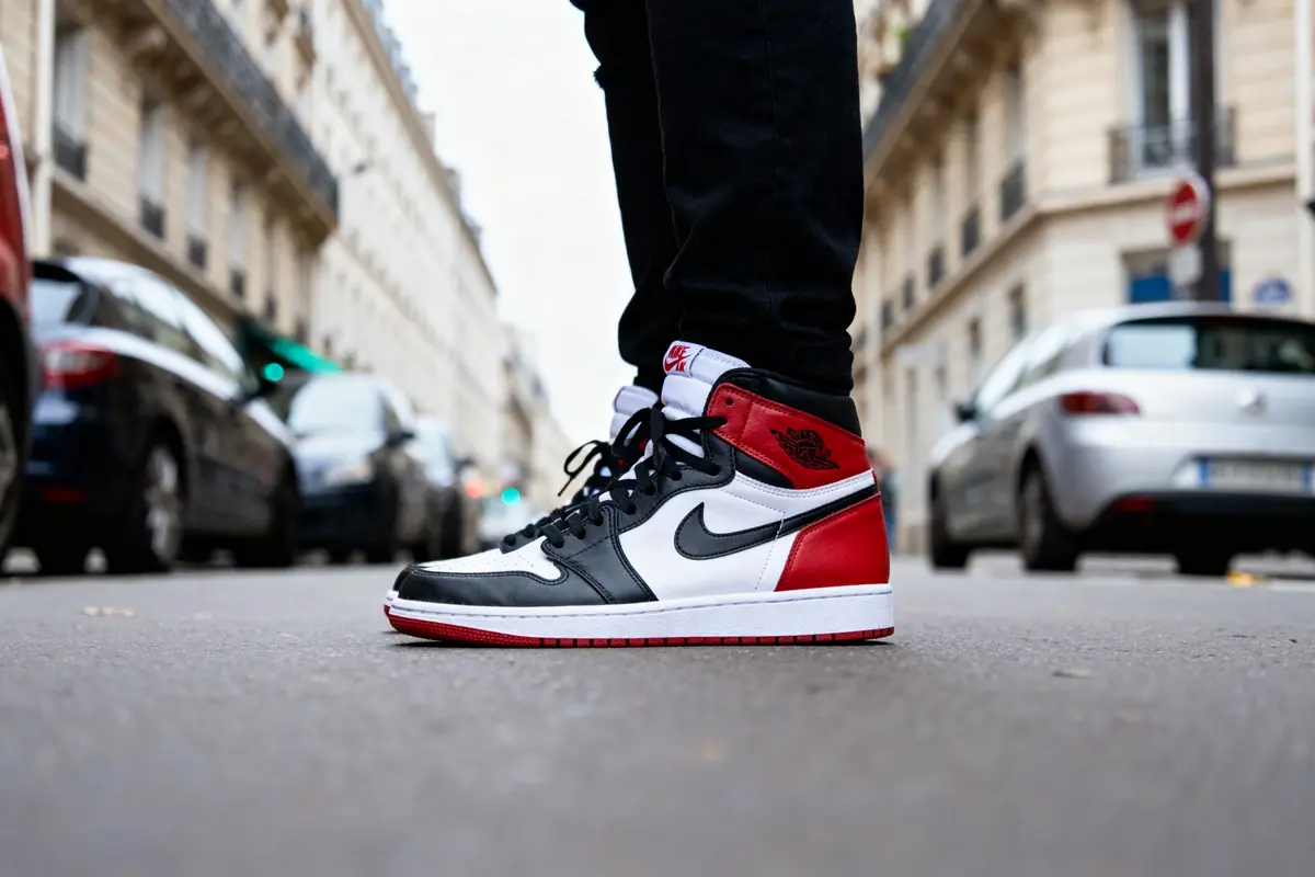 Basket noire, blanche et rouge sur pavé urbain, entourée de voitures et bâtiments en arrière-plan.