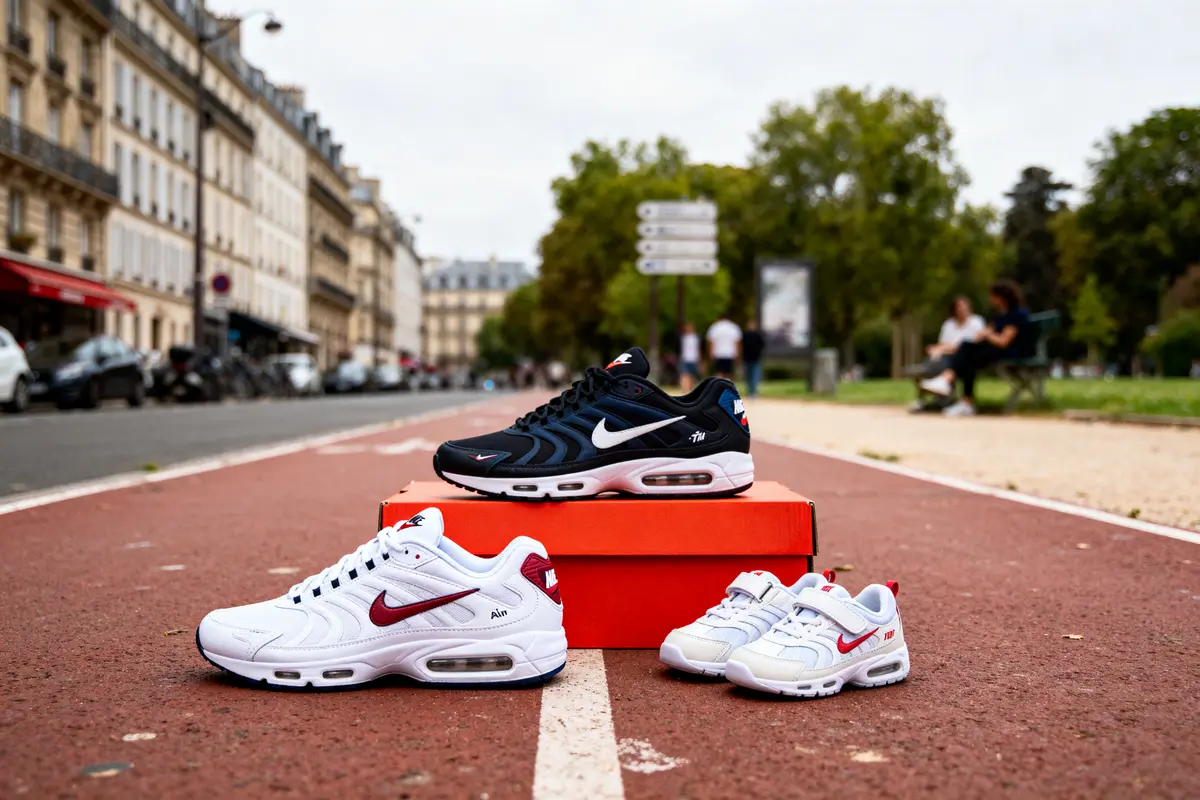 Trois paires de baskets Nike sur une boîte orange, sur une avenue parisienne.