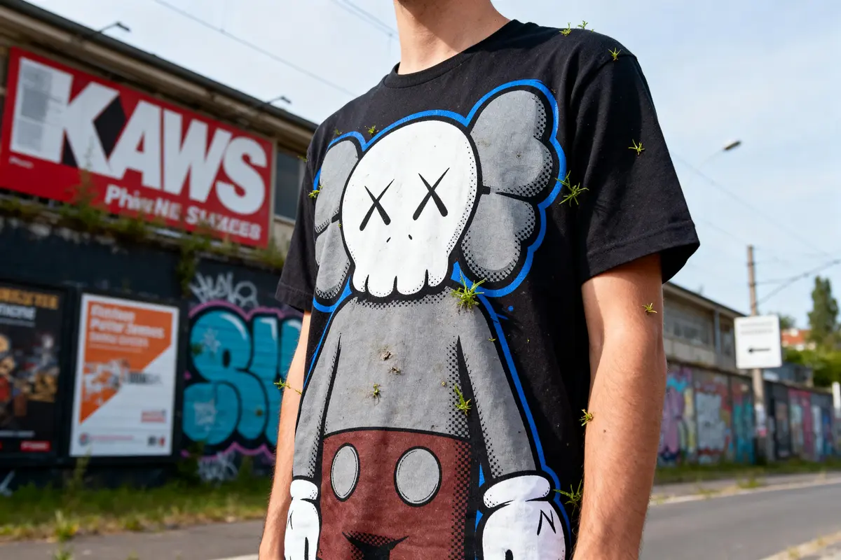Homme portant un T-shirt noir avec dessin de personnage stylisé, devant un mur couvert de graffitis.